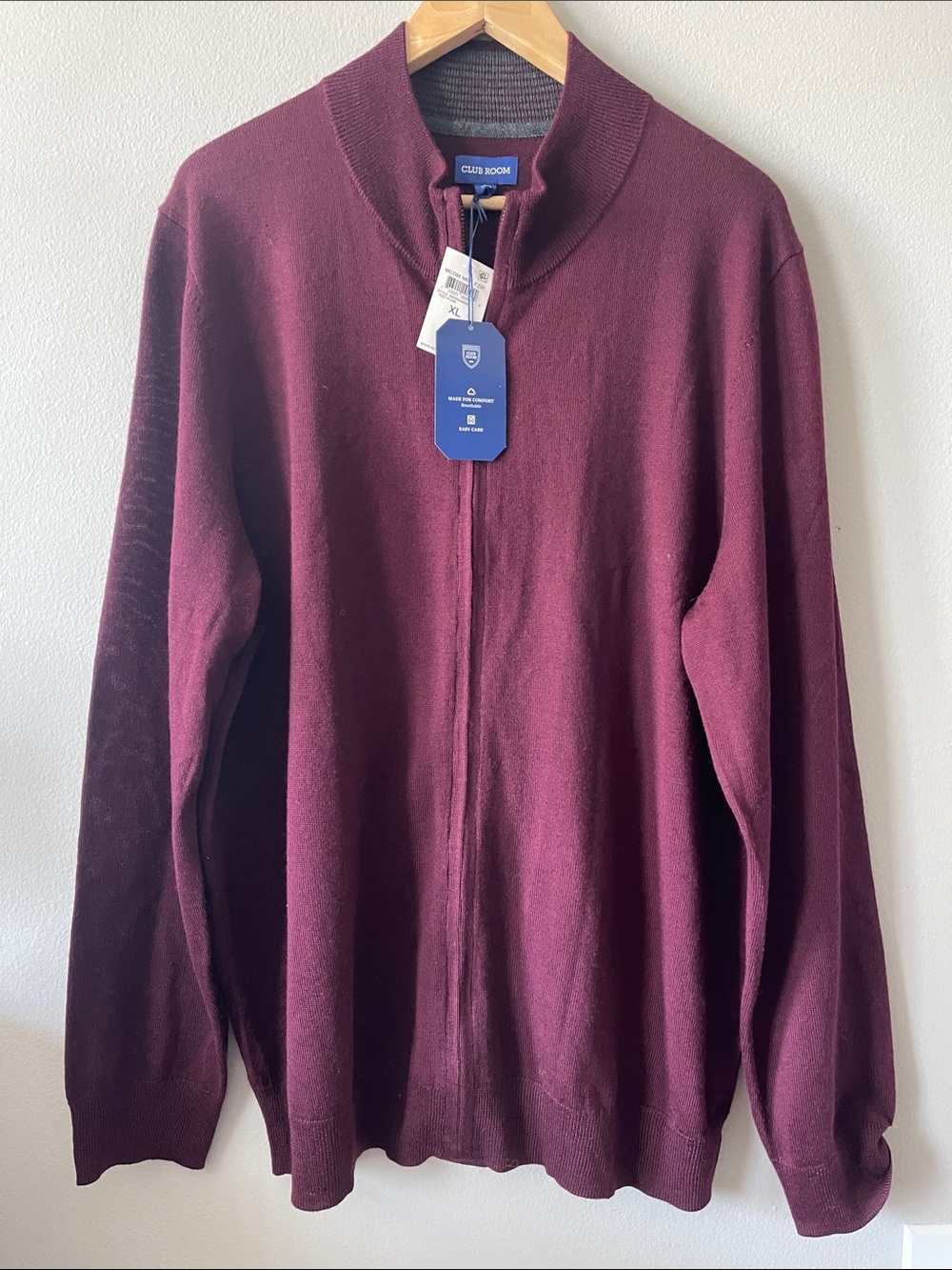 Club Room Men's Wine Full-Zip Knit Sweater fully zipped XL